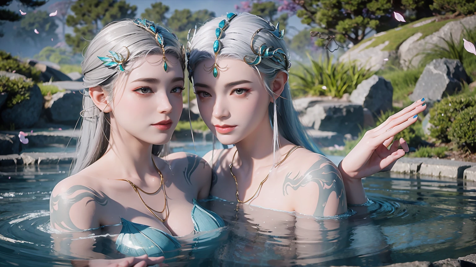 There was a woman，Gray hair，Bathe in hot springs，Hands touching water，cyan nails，Hot spring mist，Fluttering petals，Girl bathing with exposed shoulders and arms，fantasy style 8 k octane render, Meticulous rendering, 4K detail fantasy, closeup fantasy with water magic, 8K portrait rendering, Beautiful fantasy queen, realistic fantasy rendering, 3D Rendering Character Art 8k，
