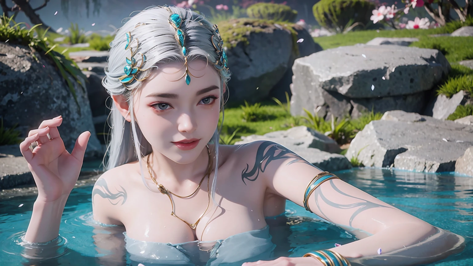 There was a woman，Gray hair，Bathe in hot springs，Hands touching water，cyan nails，Hot spring mist，Fluttering petals，Girl bathing with exposed shoulders and arms，fantasy style 8 k octane render, Meticulous rendering, 4K detail fantasy, closeup fantasy with water magic, 8K portrait rendering, Beautiful fantasy queen, realistic fantasy rendering, 3D Rendering Character Art 8k，
