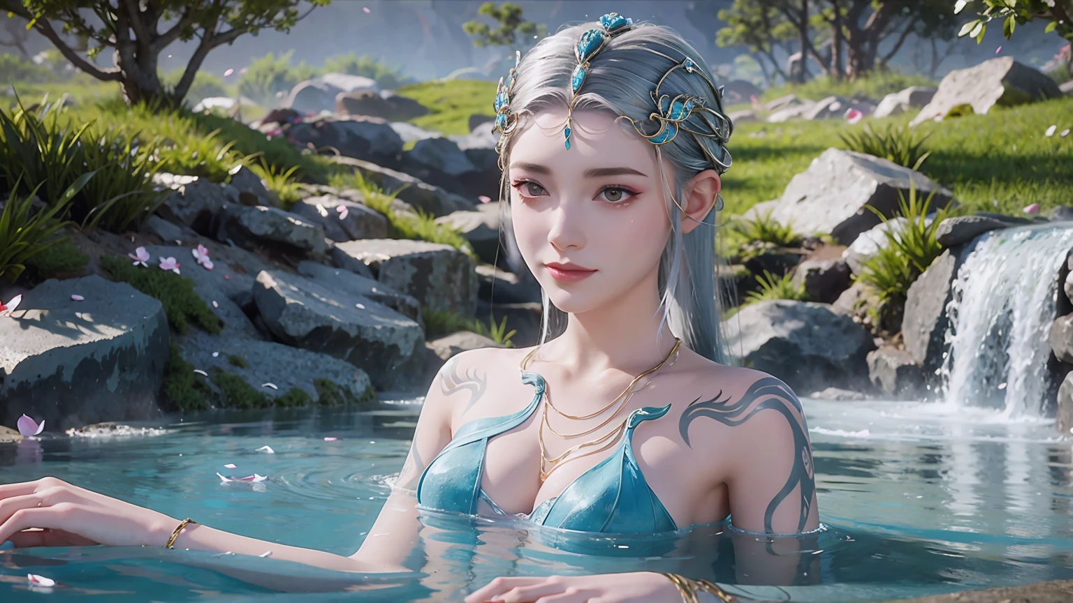 There was a woman，Gray hair，Bathe in hot springs，Hands touching water，cyan nails，Hot spring mist，Fluttering petals，Girl bathing with exposed shoulders and arms，fantasy style 8 k octane render, Meticulous rendering, 4K detail fantasy, closeup fantasy with water magic, 8K portrait rendering, Beautiful fantasy queen, realistic fantasy rendering, 3D Rendering Character Art 8k，
