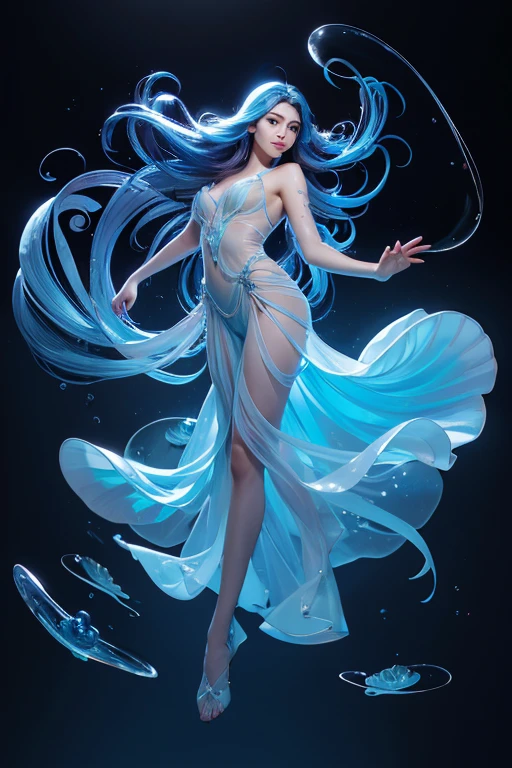 Beautiful face, big-eyed woman 20 years old jellyfish,  full body,
floating body, blue jellyfish underwater, sheer long jellyfish style veil, Fitness Endomorph, Dynamic pose,
glossy and shiny skin, A slight smile, fantasy art, digital art, delicate lines and textures, realistic and dreamy art, magical substances, Fantastic landscapes, Surrealism, cinematic, bright colors, rich colors, shadows, Three-dimensional lighting, combination of different colors and shades, living and deep art, sfumato, high detail, Best quality, Tyndall effect, 8K