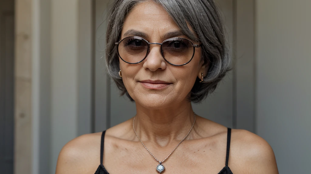 make an old woman with short gray hair, looking at the camera, background de uma mansão, wearing sunglasses, expensive dress, accessories and jewelry
