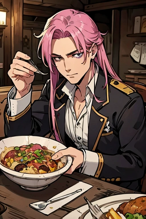 A handsome pink haired man with violet eyes with long hair in a pirate's uniform is eating dinner at a tavern