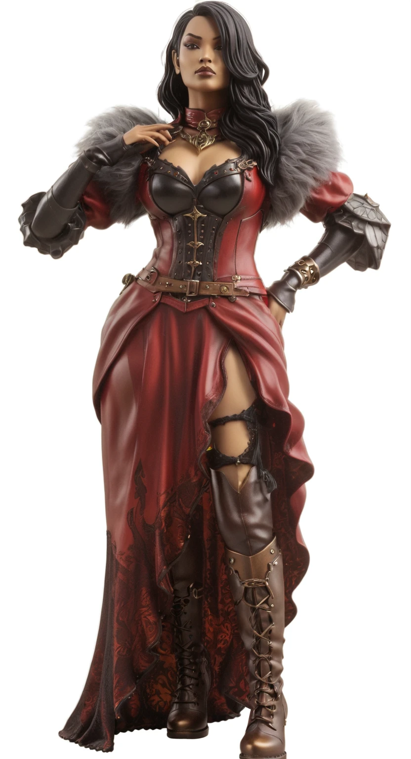 a woman in a red dress and brown boots is posing, lady in red armor, black witch full body pose, rendering of mirabel madrigal, full view of the black sorceress, mulher pyromancer steampunk do mal, resine figure, steampunk chandra queen of fire, pvc figurine, castlevania witch, full body female, ( highly detailed figure ), cranberry statue