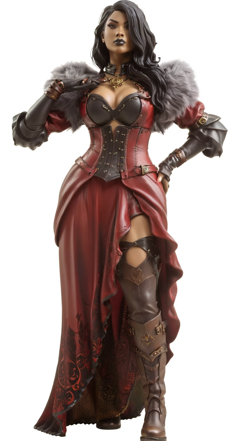 a woman in a red dress and brown boots is posing, lady in red armor, black witch full body pose, rendering of mirabel madrigal, full view of the black sorceress, mulher pyromancer steampunk do mal, resine figure, steampunk chandra queen of fire, pvc figurine, castlevania witch, full body female, ( highly detailed figure ), cranberry statue