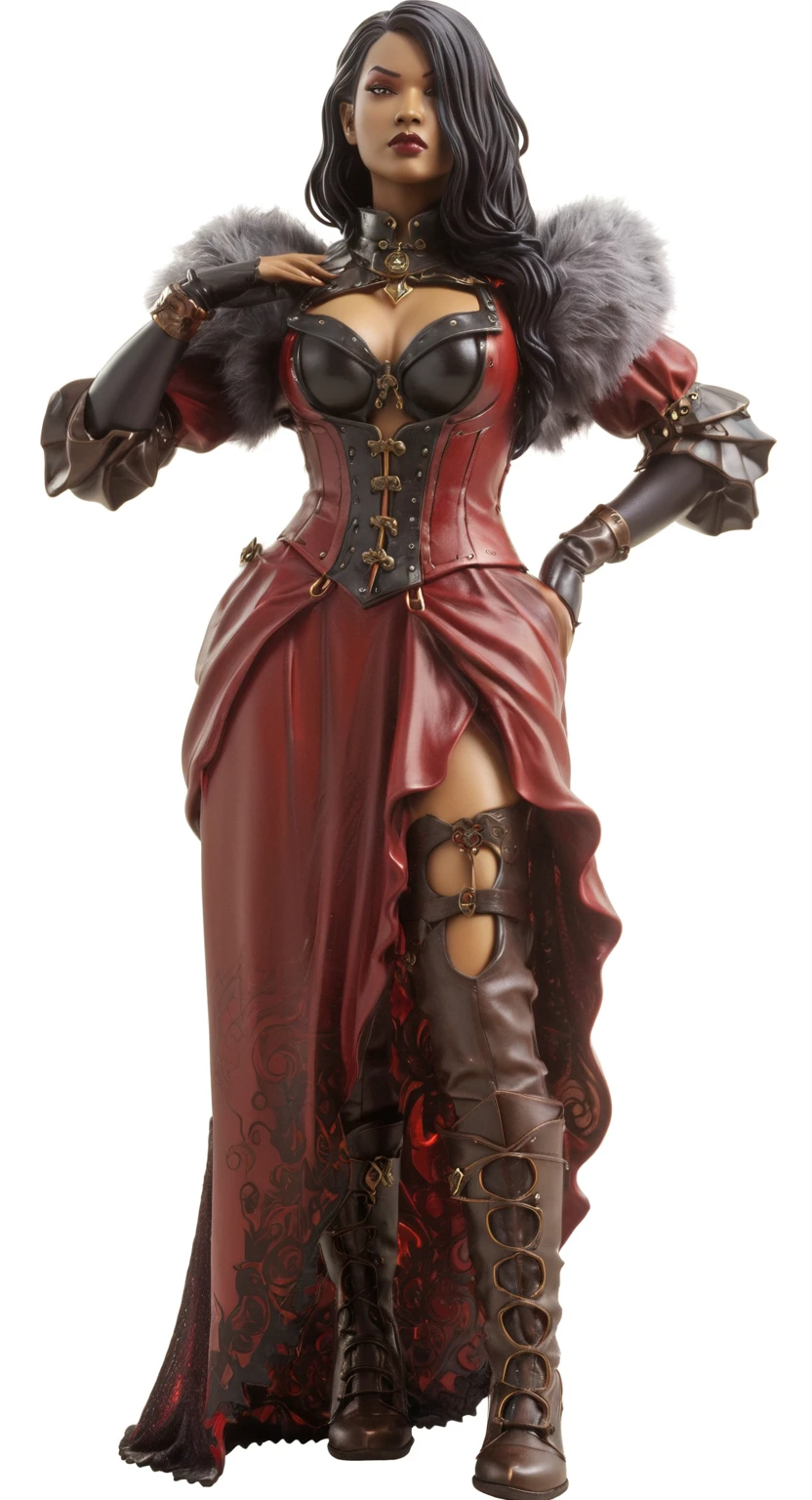a woman in a red dress and brown boots is posing, lady in red armor, black witch full body pose, rendering of mirabel madrigal, full view of the black sorceress, mulher pyromancer steampunk do mal, resine figure, steampunk chandra queen of fire, pvc figurine, castlevania witch, full body female, ( highly detailed figure ), cranberry statue