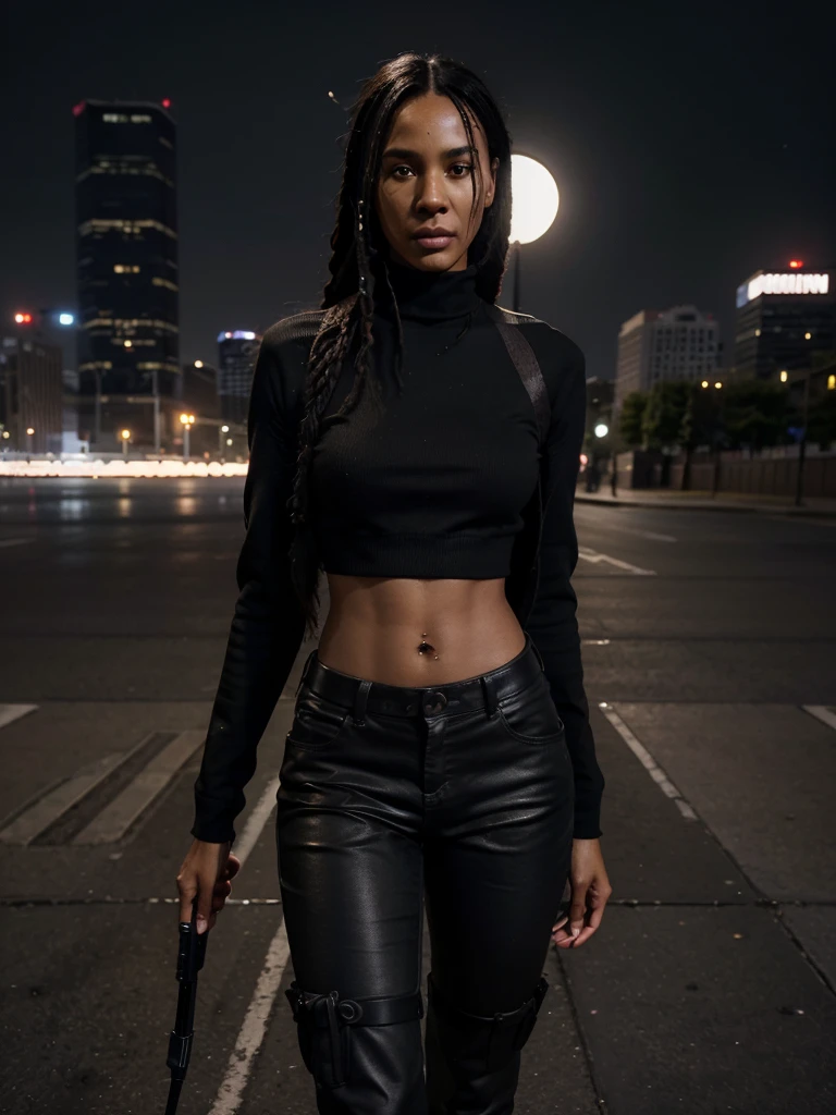 8k, RAW photo, best quality, ultra high resolution, photorealistic, realistic photo of skinny ebony girl john wick, (skinny ebony girl john wick, 20 years old, most beautiful ebony girl in the world, dark skin, black hair, dreadlocks hair, dreadlocks), in the city downtown, modern skyscrapers, bright moonlight, (full body picture), standing posing for picture, wearing (john wick costume), (looking at viewer), fierce look, menace, High Detail, Sharp focus, bright light