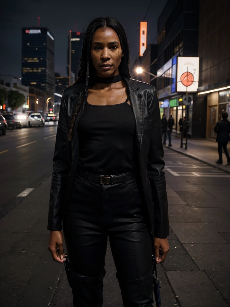 8k, RAW photo, best quality, ultra high resolution, photorealistic, realistic photo of skinny ebony girl john wick, (skinny ebony girl john wick, 20 years old, most beautiful ebony girl in the world, dark skin, black hair, dreadlocks hair, dreadlocks), in the city downtown, modern skyscrapers, bright moonlight, (full body picture), standing posing for picture, wearing (john wick costume), (looking at viewer), fierce look, menace, High Detail, Sharp focus, bright light