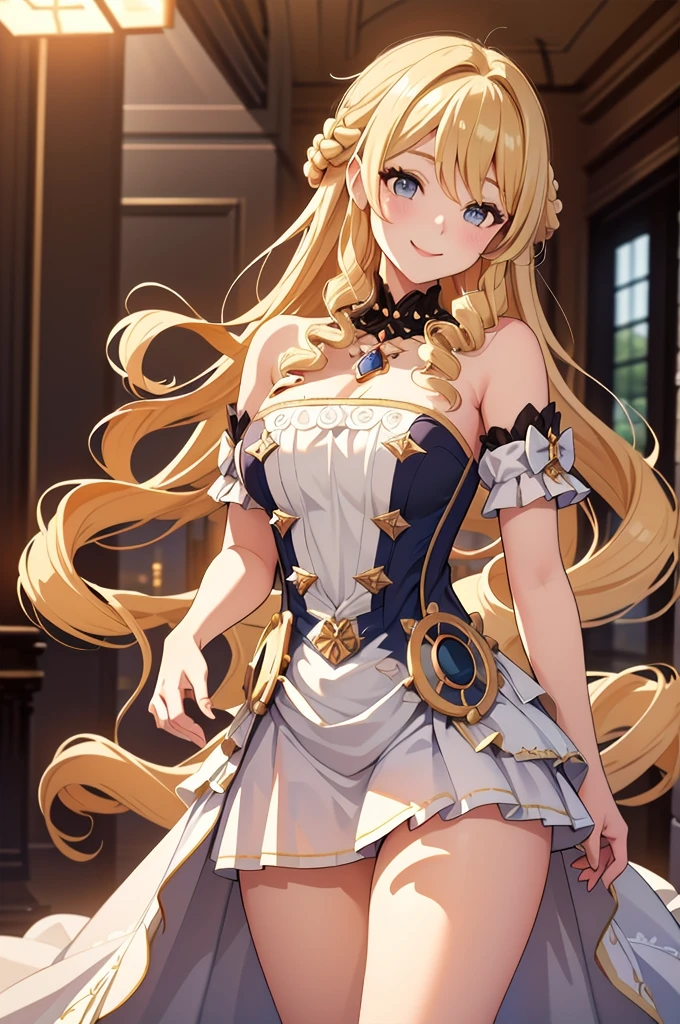 masterpiece、Highest quality、Super detailed、Beautiful lighting、blonde、White Dress、Noble、palace、[[White Dress:2]]、(Dense curl roll)、Sexy thighs、Girl、Mild hot flashes, smile, (かわいいsmile: 1,1)