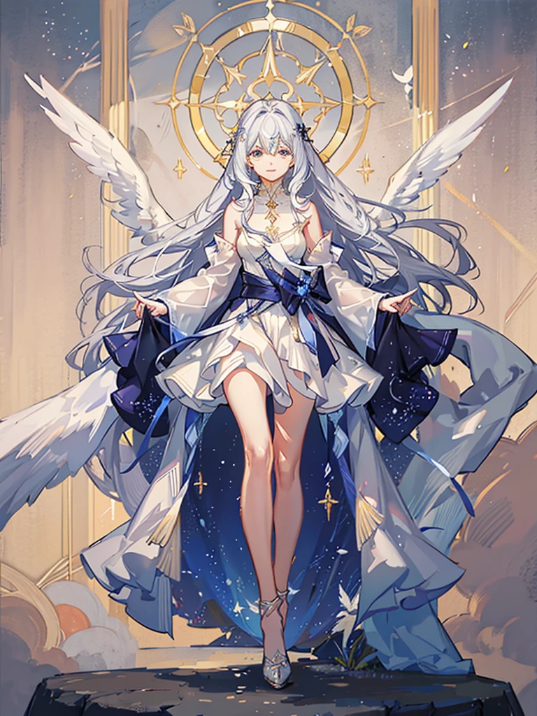 **Appearance of the Angel of the Holy Trinity**
- **muka:** Your face is of a serene and heavenly beauty, with delicate and symmetrical strokes. Your eyes sparkle with a golden light, radiating wisdom and compassion. Your lips show a calm smile, that conveys peace and comfort.
- **hairs:** Her long silver hair falls in soft waves, shining as if they were made of pure starlight. Sometimes, they seem to float lightly, as if under the influence of a heavenly breeze.
- **wings:** Your wings are wide and majestic, with immaculate feathers that appear to be made of luminous crystal. The wingtips have a celestial blue glow, remembering the colors of the sky at dawn.
- **tenue:** She wears a radiant robe of gold and white, adorned with intricate embroidery that narrates sacred stories and symbols of the Trinity. A band of blue light wraps around your waist, emitting a soft glow that flows like water.
- **Differential:** One of the most striking aspects of his appearance is the inverted triangle-shaped halo above his head.. Inside this triangle, there is a small sphere of pulsating light that symbolizes the constant presence of the Holy Spirit. Furthermore, your hands radiate a golden glow, as if they contained the power of creation and divine healing.
Every detail of her appearance exudes a tranquil majesty and unearthly beauty., reflecting its direct connection to the Holy Trinity.