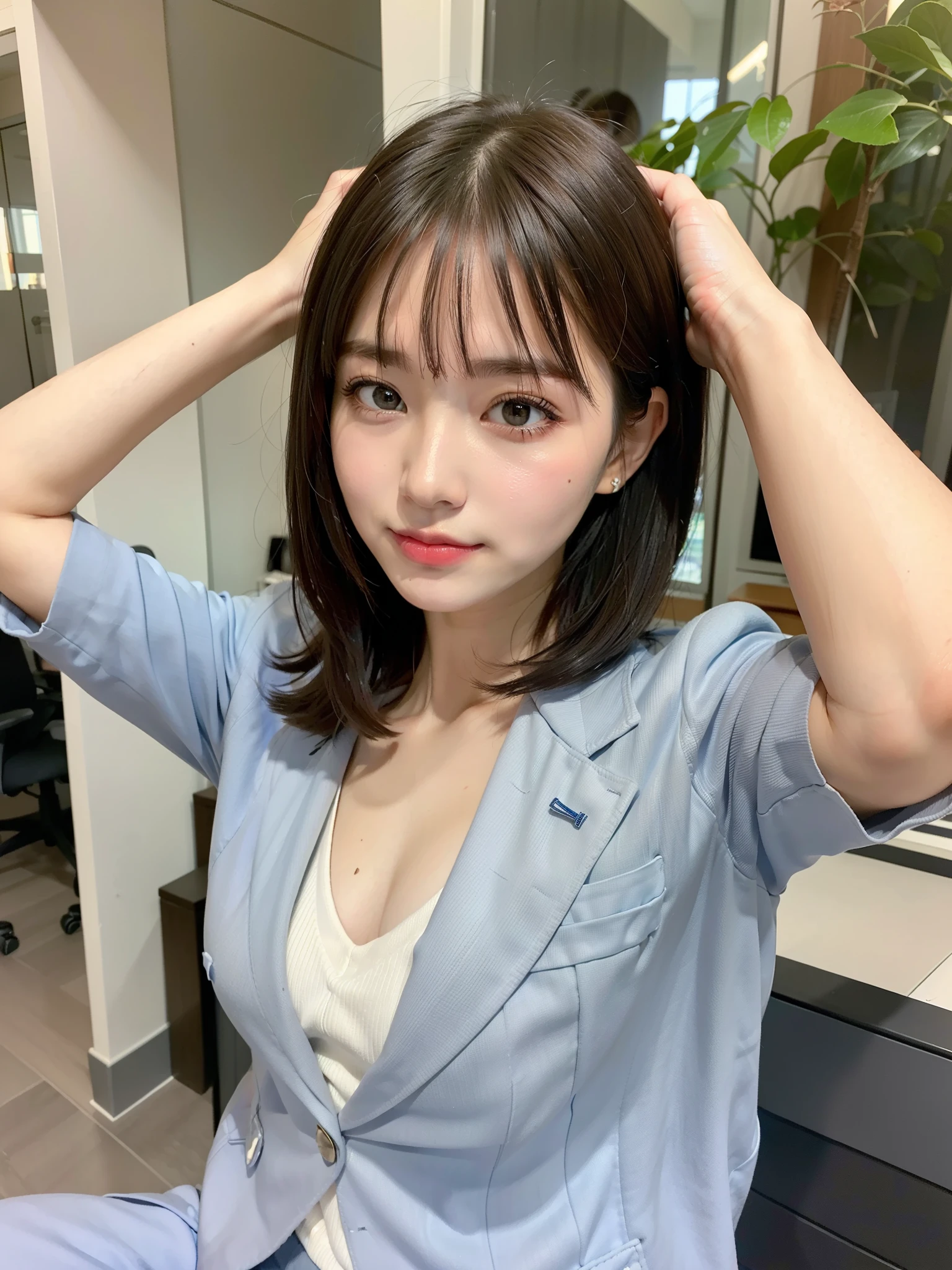 ((Best of the highest quality, 8k, Masterpiece, raw photo: 1.3)), Sharp focus: 1.2, (1 AESPA, slim body type female, 21 y/o: 1.1), (Solo: 1.2), (realistic, photo-realistic:1.37), face focus, cute face, finely eyes, (droopy eyes: 1.32), (Emphasize prominent aegyo-sal with bright: 1.2), shimmering eyeshadow applied under the lower lash line, paired with thick, (small breasts, flat chest: 1.3), (short messy hair, bangs: 1.2), (business suit: 1.28), sitting terrace office, sun light, flower, arms up,