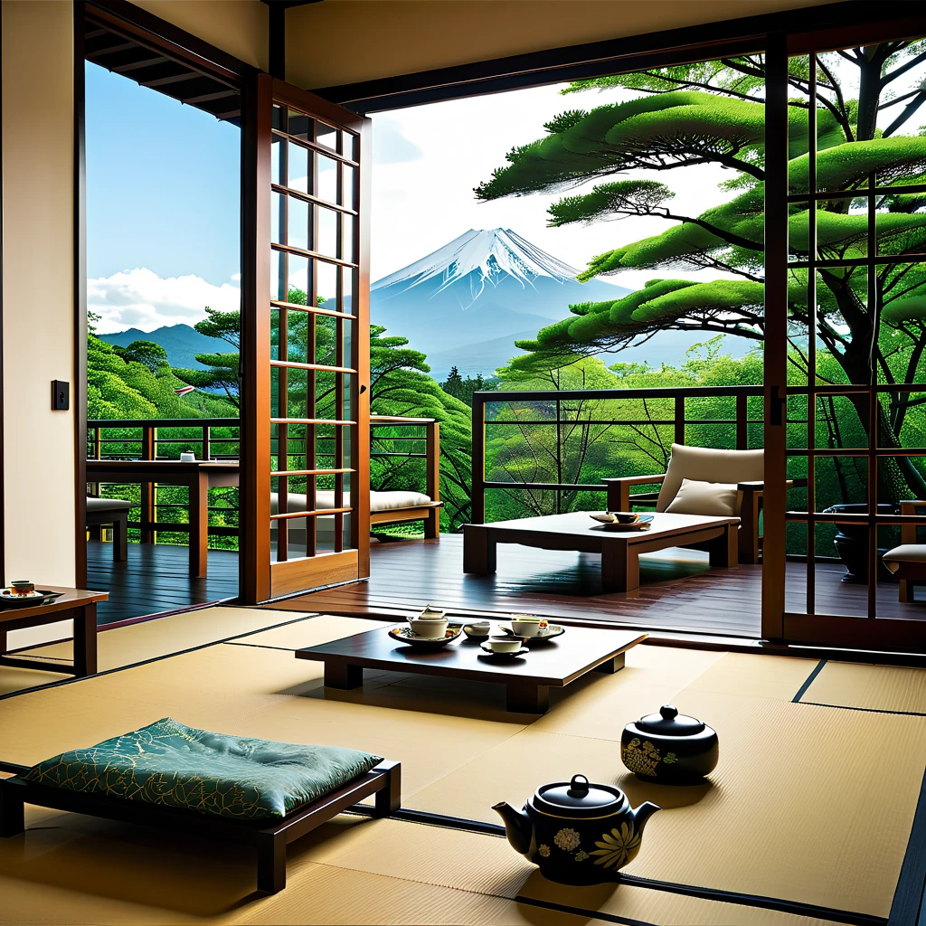 (masterpiece, top quality, best quality),(ultra-detailed, absolutely resolution),((16k, high res)),

BREAK {hyper-realistic photo of a traditional Japanese room (washitsu) with a view of Mount Fuji. The room should feature tatami mats, sliding shoji doors, and low wooden furniture such as a tea table and cushions. Through the large open shoji doors or windows, there should be a breathtaking view of Mount Fuji, framed by a serene Japanese garden with meticulously maintained plants and a small pond. The lighting should be soft and natural, enhancing the tranquility of the scene. Include elements like a scroll painting or calligraphy on the wall, and traditional Japanese tea set on the table. The overall atmosphere should be calm and serene, capturing the timeless beauty of Japanese architecture and the majestic presence of Mount Fuji.}

BREAK { (produces images with information more than 40 million pixels with cinematic-like detailed textures shot on a Sony SLR).}