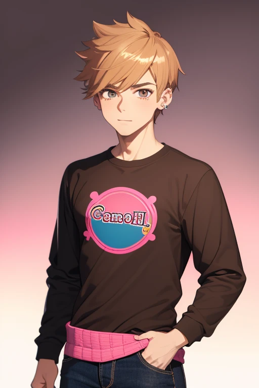 Gumball Handsome 18 year old boy with blonde brown hair, with a pink streak, light skin, pierced ears, honey brown eyes, open pink sweatshirt, black shirt with a candy castle print, black belt, red jeans, looking directly at the viewer on a white background.