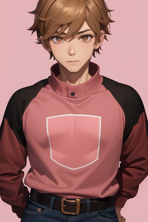 Gumball Handsome 18 year old boy with blonde brown hair, with a pink streak, light skin, pierced ears, honey brown eyes, open pink sweatshirt, black shirt with a candy castle print, black belt, red jeans, looking directly at the viewer on a white background.