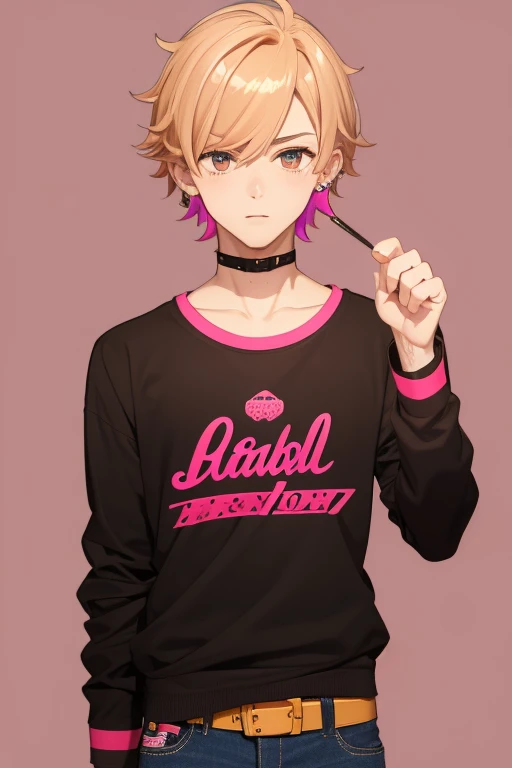 Gumball Handsome 18 year old boy with blonde brown hair, with a pink streak, light skin, pierced ears, honey brown eyes, open pink sweatshirt, black shirt with a candy castle print, black belt, red jeans, looking directly at the viewer on a white background.