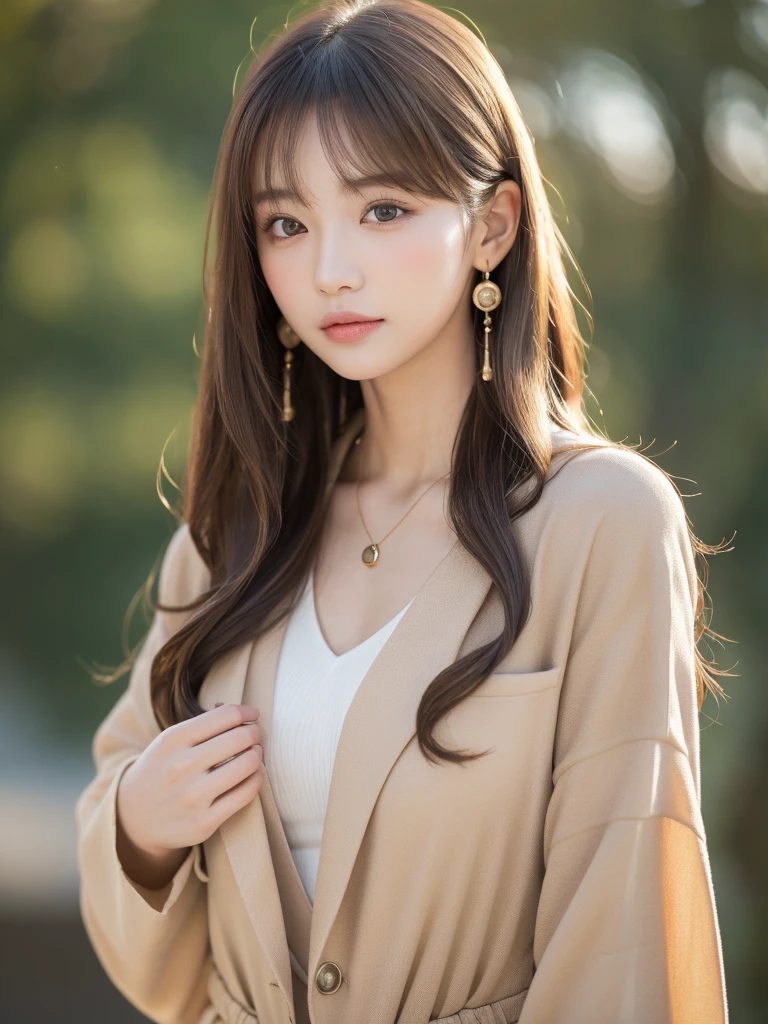 ((Highest quality, 8K, masterpiece:1.3)), concentrate: 1.2, Perfect body beauty: 1.4, Hips: 1.2, ((Long Hair, chest: 1.2)), (Dry clothes: 1.1) , (clear, Simple Background:1.3), Simple clothes: 1.1, Highly detailed face and skin texture,Delicate eyes, double eyelid, Whitened skin, Rough skin、Long Hair、Earrings with bangs、necklace、 solo、Beige coat、White shirt, (((Beautiful girl with cute Japan)))、 ((Beautiful Japanese girl 20 years old))、 ((Baby Face))、 (((Slender body)))、 Upper Body,Face focus、necklace,Simple Background,From above, Realistic Hair、 A photograph was taken:Canon EOS R6、135mm、1/1250 seconds、f2.8、ISO400、(Detailed explanation of the hand)、(Masseter muscle area)、(Exquisite CG)、Long Hair, loose and curly hair、Korean Hair、Long Hair明るいベージュ色、グラデーションハイライトグレージュのゆるふわLong Hairスタイル、
