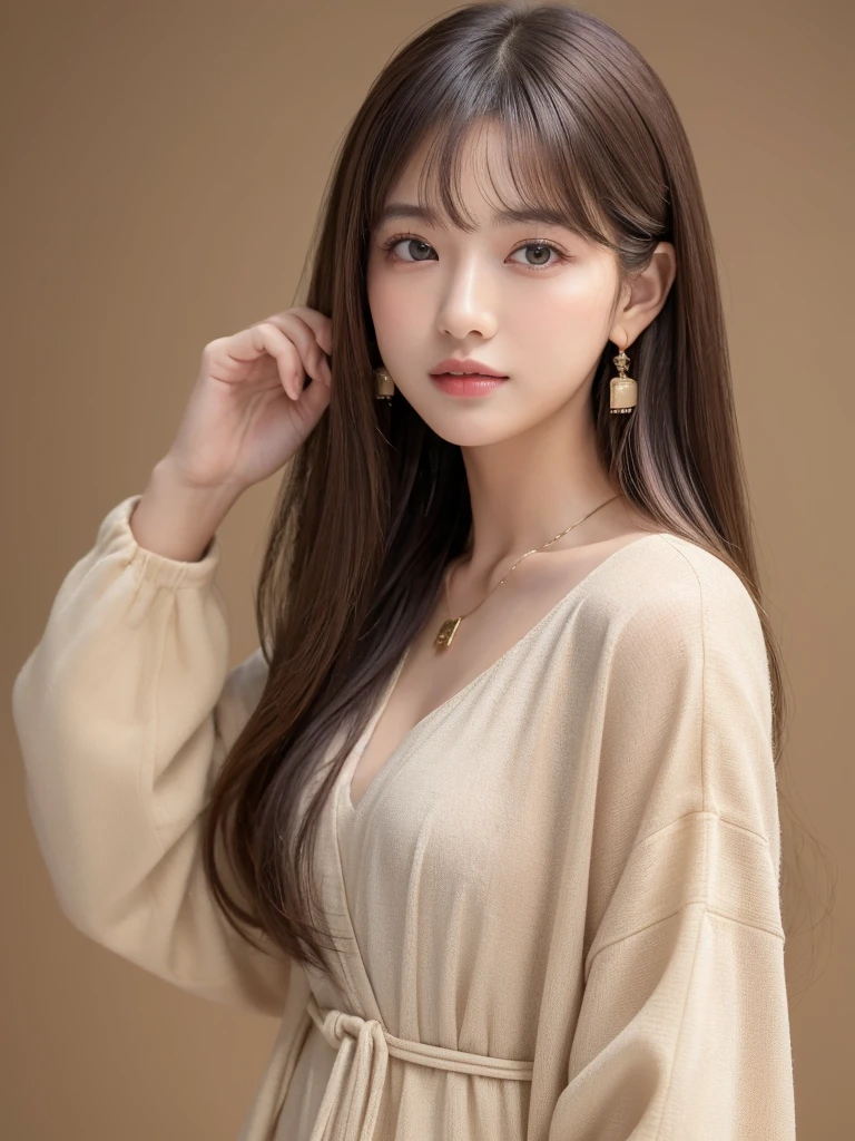  ((Highest quality, 8K, masterpiece:1.3)), concentrate: 1.2, Perfect body beauty: 1.4, Hips: 1.2, ((Long Hair, chest: 1.2)), (Dry clothes: 1.1) , (clear, Simple Background:1.3), Simple clothes: 1.1, Highly detailed face and skin texture,Delicate eyes, double eyelid, Whitened skin, Rough skin、Long Hair、Earrings with bangs、necklace、 solo、Beige coat、White shirt,  (((Beautiful girl with cute Japan)))、  ((Beautiful Japanese girl 20 years old))、 ((Baby Face))、 (((Slender body)))、  Upper Body，Face focus、necklace，Simple Background，From above， Realistic Hair、 A photograph was taken:Canon EOS R6、135mm、1/1250 seconds、f2.8、ISO400、(Detailed explanation of the hand)、(Masseter muscle area)、(Exquisite CG)、Long Hair, loose and curly hair、Korean Hair、Long Hair明るいベージュ色、グラデーションハイライトグレージュのゆるふわLong Hairスタイル、