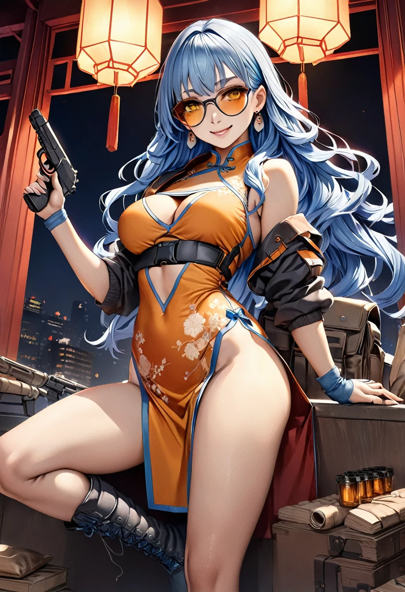 (Perfect Anatomy)、masterpiece、super high quality、 8K、Realistic、masterpiece、Highest quality、Ultra-high resolution、Maximum resolution、Very detailed、Professional Lighting、anime、Adult female、thin、so beautiful、Very detailedな目、Draw the whole body、China dress、he has a gun、Holding a handgun in both hands、Yellow Eyes、Blue Hair、Long Wavy Hair、Earrings、Fingerless gloves、Tactical Boots、Equipped with transparent orange sunglasses、Equipped with a chest rig、Fearless Smile