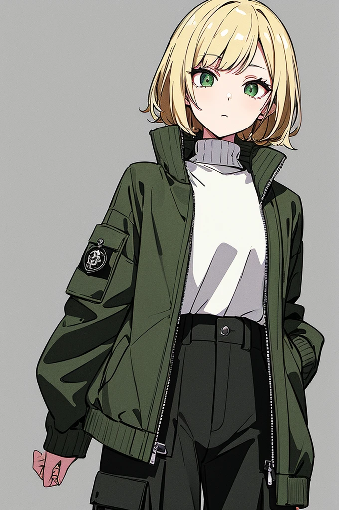 ((Masterpiece, Highest quality)), Detailed face, Black and white,, a girl in a black jacket and green Cargo pants standing, wearing Cargo pants, a green colored bomber jacket, Cargo pants , wearing dark green bomber jacket, black bomber jacket, black rugged clothing, cropped shirt with jacket, black pants, wearing a turtleneck and jacket, a girl wearing a black jacket, bomber jacket, black and green, white and black color scheme ((modern clothes)) Looking at the viewer, looking at the camera,