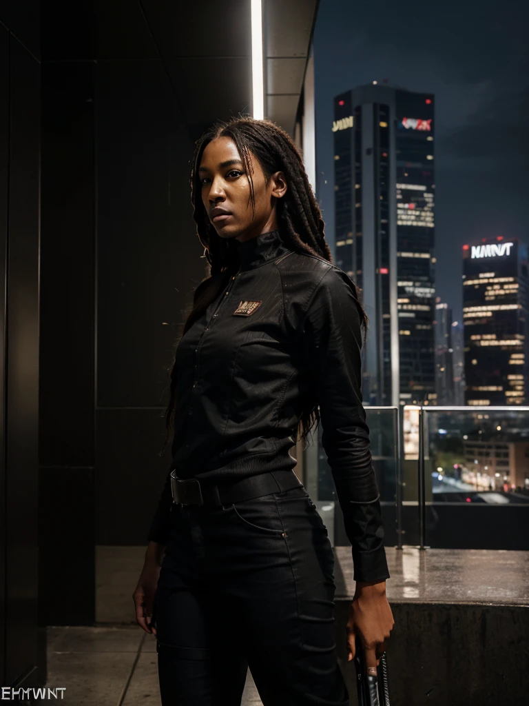 8k, RAW photo, best quality, ultra high resolution, photorealistic, realistic photo of skinny ebony girl john wick, (skinny ebony girl john wick, 20 years old, most beautiful ebony girl in the world, dark skin, black hair, dreadlocks hair, dreadlocks), in the city downtown, modern skyscrapers, bright moonlight, (full body picture), (photo from the side), standing posing for picture, wearing (john wick costume), (looking at viewer), fierce look, menace, High Detail, Sharp focus, bright light