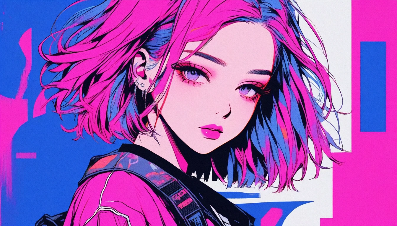 Illustrator, anime , Realistic ,sketch , 1 Girl, ,lip, T-shirt,order,Textured Trim, (masterpiece,Highest quality) Urban Neon Background, Neon Hair,Textured Trim, Canadian, (masterpiece,Highest quality) Cancer,summer,