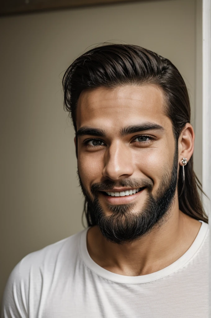 A 25-year-old boy with a marked jaw, a slightly outlined black beard, a white t-shirt, light brown eyes, a silver pierced earring on his left ear, and straight hair combed back. ,droopy eyes and a beautiful three-white smile