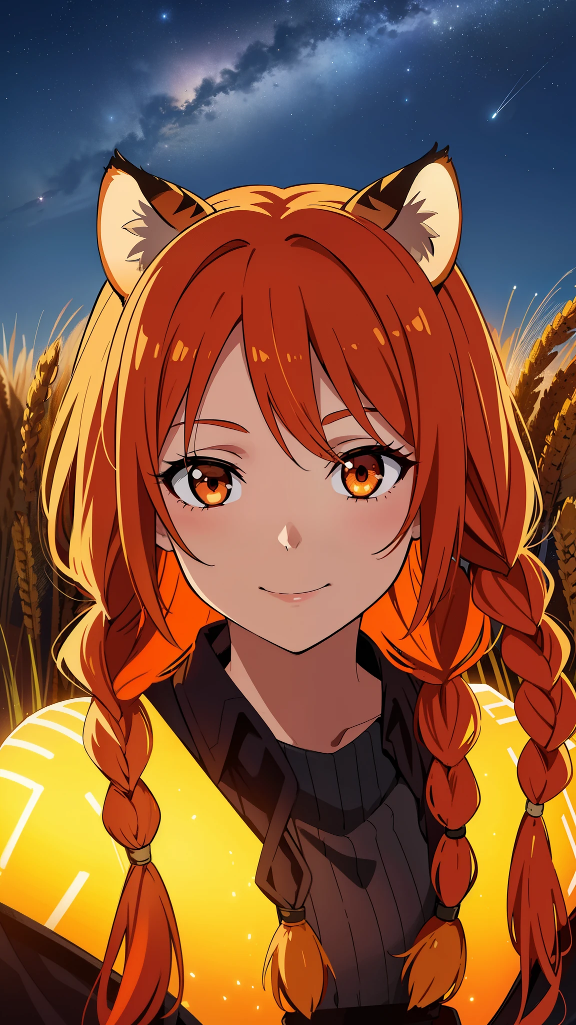 1girl,20 years old,mature female,tiger ears,long hair,(twin braids),orange hair,looking up at the sky,night, Vast sky, beautiful skyline, fireflies, fantasy,night scenery, wheat field, close up.smile
