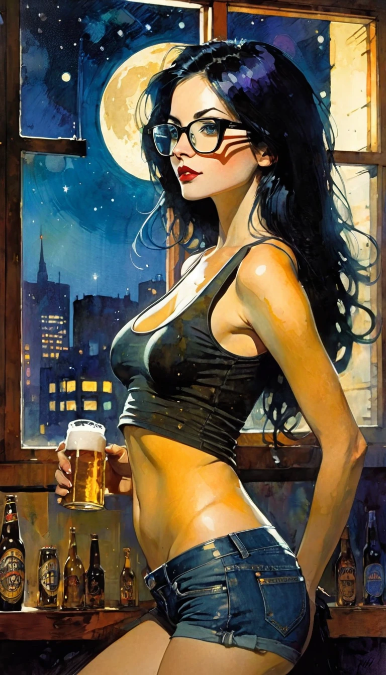 very sexy girl, long black hair, glasses, panties and very tight tank top, pronounced nipples, small breasts, lascivious look, beer, large window with views of the night, stars, moon,(art inspired in Bill Sienkiewicz). oil painting)