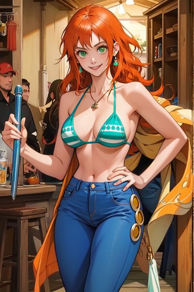 (masterpiece, best quality:1.2), intricate details, nami cosplay, bikini, jeans, light smile, valorantViper, green eyes