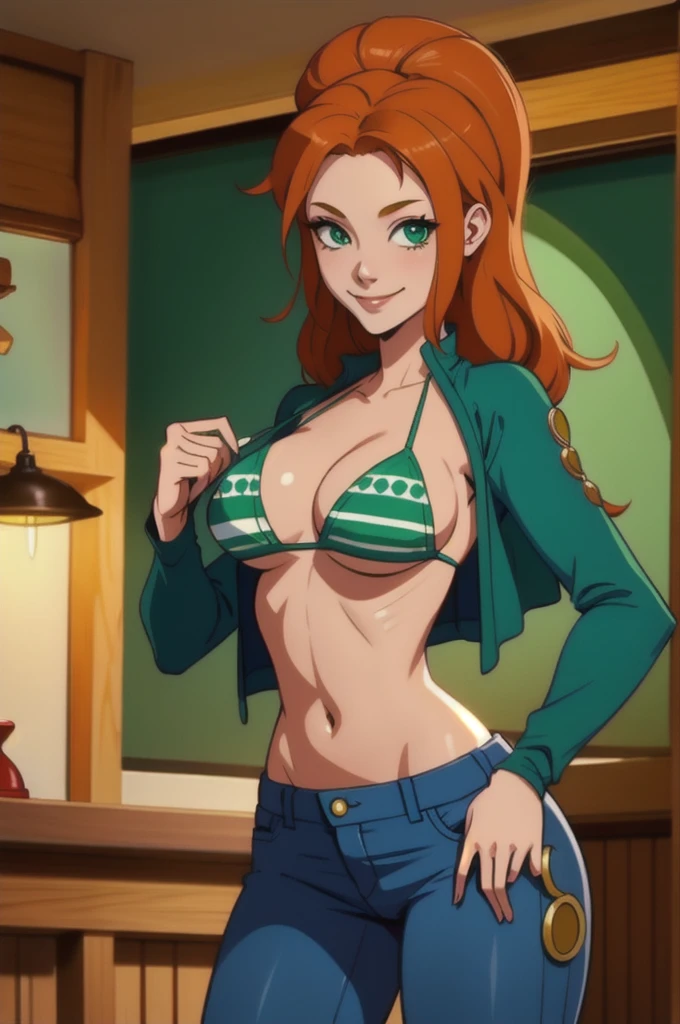 (masterpiece, best quality:1.2), intricate details, nami cosplay, ??????, jeans, light smile, valorantViper, green eyes