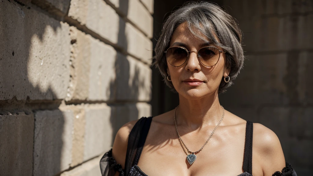 make an old woman with short gray hair, looking at the camera, background de uma mansão, wearing sunglasses, expensive dress, accessories and jewelry