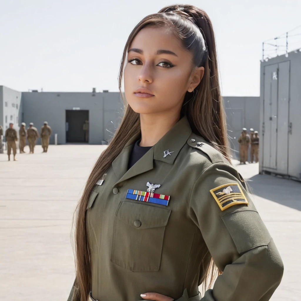 Hyperrealistic art full shot photo of 4r1ana a woman., by rubio, Looking directly at the viewer, eye contact, wearing a military uniform, on a military base, long loose hair, . Extremely high resolution details, photographic, Realism taken to the extreme, fine texture, incredibly realistic, showing her butt