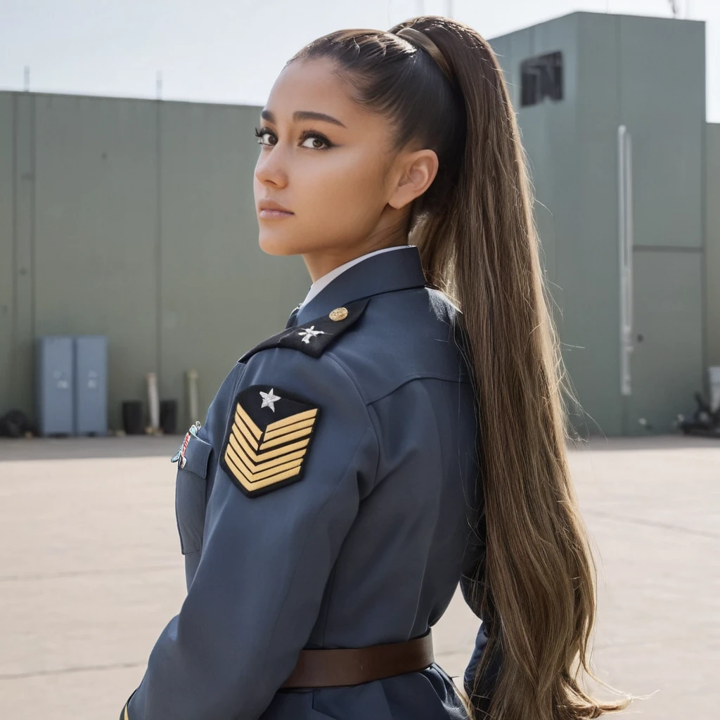 Hyperrealistic art full shot photo of 4r1ana a woman., by rubio, Looking directly at the viewer, eye contact, wearing a military uniform, on a military base, long loose hair, . Extremely high resolution details, photographic, Realism taken to the extreme, fine texture, incredibly realistic, showing her butt
