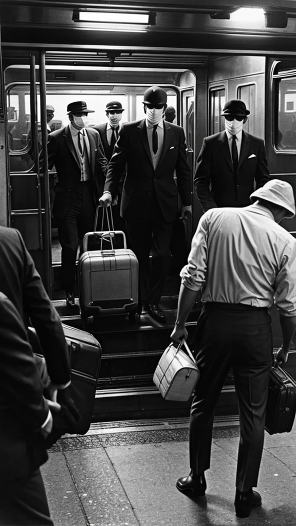 A group of men in 1960s attire, faces obscured by masks, hastily loading bags of money into getaway vehicles near a halted train, capturing the intensity and urgency of the robbery
