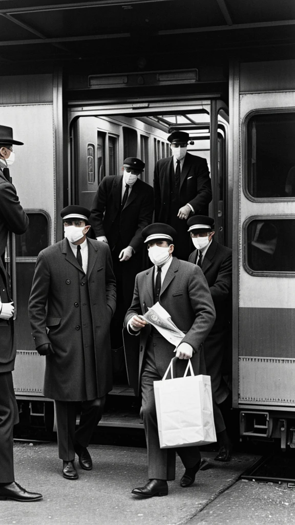 A group of men in 1960s attire, faces obscured by masks, hastily loading bags of money into getaway vehicles near a halted train, capturing the intensity and urgency of the robbery