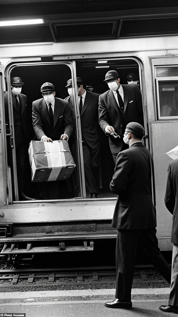 A group of men in 1960s attire, faces obscured by masks, hastily loading bags of money into getaway vehicles near a halted train, capturing the intensity and urgency of the robbery