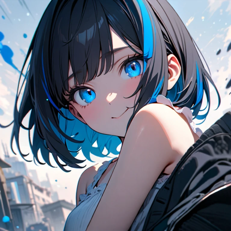 (8K,4K,best quality, master piece: 1.2), super high resolution,1 Beautiful girl,solo,16yo,ultra-detailed face, detailed eyes,blue eyes,mascara,blue eyes,:>,white frilled camisole,(black hair, blue streaked hair),bob cut,looking at viewer,ポートレート,blue splash background