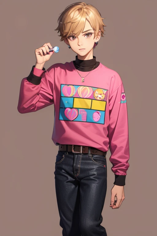 Gumball Handsome 18 year old boy with blonde brown hair, with a pink streak, light skin, pierced ears, honey brown eyes, open pink sweatshirt, black shirt with a candy castle print, black belt, red jeans, looking directly at the viewer on a white background.