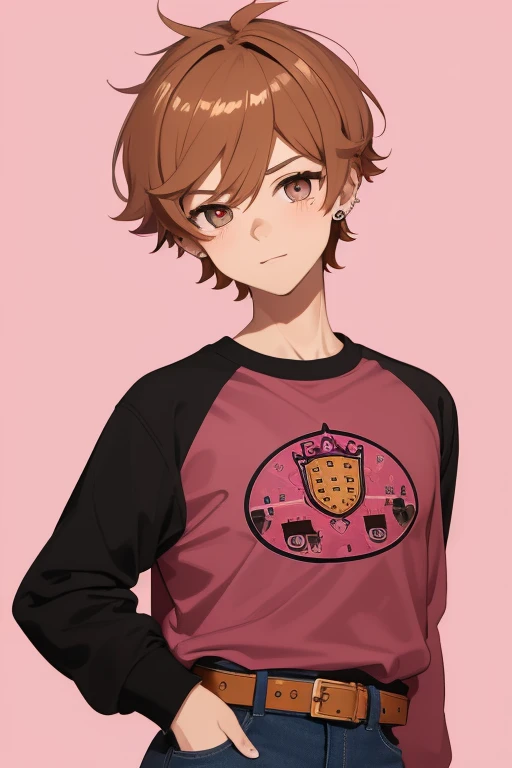 Gumball Handsome 18 year old boy with blonde brown hair, with a pink streak, light skin, pierced ears, honey brown eyes, open pink sweatshirt, black shirt with a candy castle print, black belt, red jeans, looking directly at the viewer on a white background.