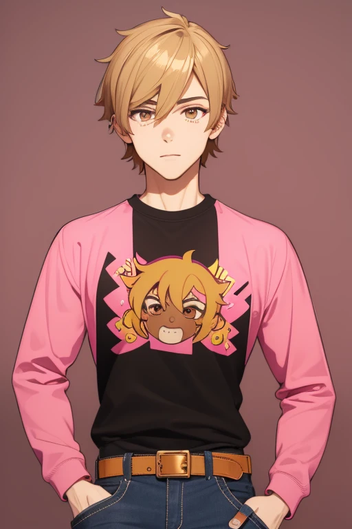Gumball Handsome 18 year old boy with blonde brown hair, with a pink streak, light skin, pierced ears, honey brown eyes, open pink sweatshirt, black shirt with a candy castle print, black belt, red jeans, looking directly at the viewer on a white background.