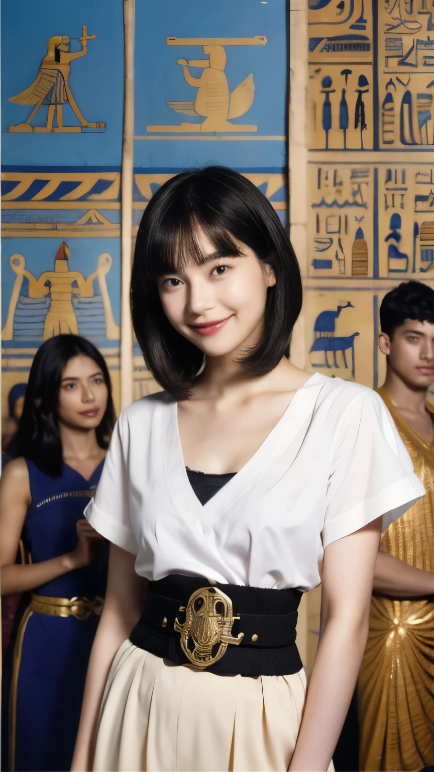 246 (In the mural２people々々々々々々々々々々々々々々々々々), (An 18-year-old female and an 18-year-old male), short hair,kind, lipstick, Egyptian civilization, Waist belt, Hieroglyphics, smile