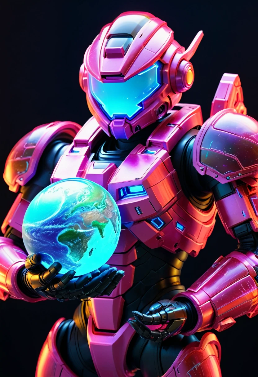 A mecha warrior holds a planet in his arms，close up，Glowing fluorescent feeling，Transparency，dream，Monet's color scheme，Texture Matte，high quality，High Definition,Rose red，blue，Neon light，black background，