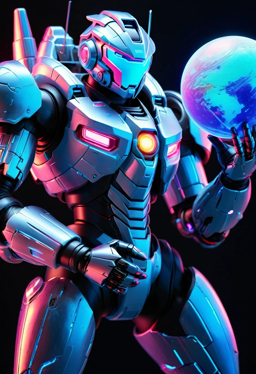 A mecha warrior holds a planet in his arms，close up，Glowing fluorescent feeling，Transparency，dream，Monet's color scheme，Texture Matte，high quality，High Definition,Rose red，blue，Neon light，black background，