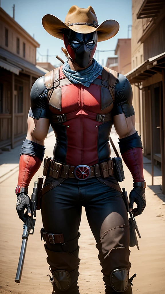 Deadpool in Wild West style, wearing Cowboys lather clothes, mask, Cowboys hat and bring a pistol, in cowboy city, cinematic, extreem realistic, extreem detailed, extreem Sharp, super high resolution image, best quality photo,