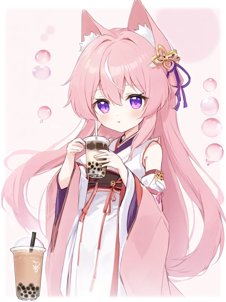 1girl, solo, yae_miko, drinking_straw, pink_hair, white_background, chibi, long_hair, bubble_tea, detached_sleeves, wide_sleeves, simple_background, holding, purple_eyes, hair_between_eyes, japanese_clothes, bangs, holding_cup, drinking, long_sleeves, cup, disposable_cup, full_body, shirt, ribbon-trimmed_sleeves, sleeveless_shirt, looking_at_viewer, hair_ornament, white_shirt, standing, very_long_hair, animal_ears, fox_ears, ribbon_trim, jewelry, nontraditional_miko, white_sleeves,