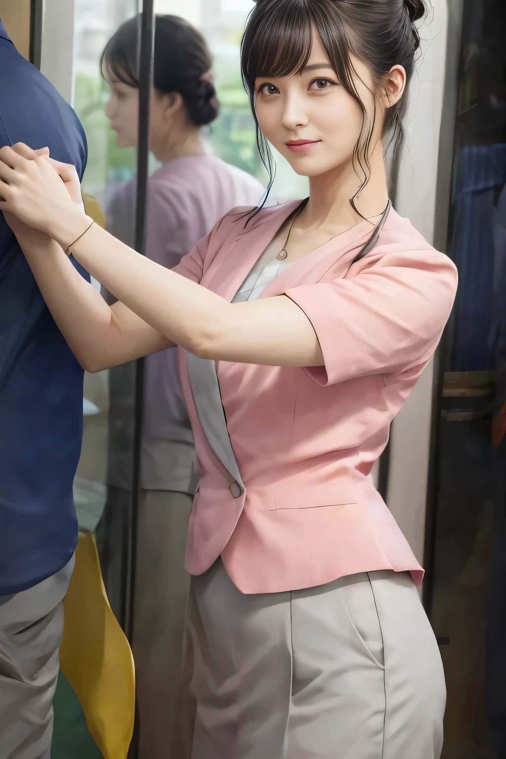 (masterpiece:1.2, Highest quality:1.2), 32k HDR, High resolution, (alone、1 girl)、 (Height: 160cm)、(On the rooftop of a building in the daytime、Professional Lighting)、Building rooftop background、(Nankai train crew uniform pinkを着たリアルスタイル)、(Nankai train crew uniform pink short sleeve collarless pink jacket、Nankai Train Crew Uniform Pink Collarless Short Sleeve Blouse、Nankai Train Crew Uniform Pink Grey Knee-length Culottes)、(The pink jacket is showing from the culottes.)、Dark brown hair、(Hair tied up、Hair tied up、Evening curly hairstyle)、Dark brown hair、Long Shot、Big Breasts、Thin legs、((Great hands:2.0)),((Harmonious body proportions:1.5)),((Normal limbs:2.0)),((Normal finger:2.0)),((Delicate eyes:2.0)),((Normal eyes:2.0)))、smile、(Nankai Train Crew Uniform Pink Grey Knee-length Culottesを見せた美しい歩く姿)、Place your hands around your stomach、Lanyard employee ID card