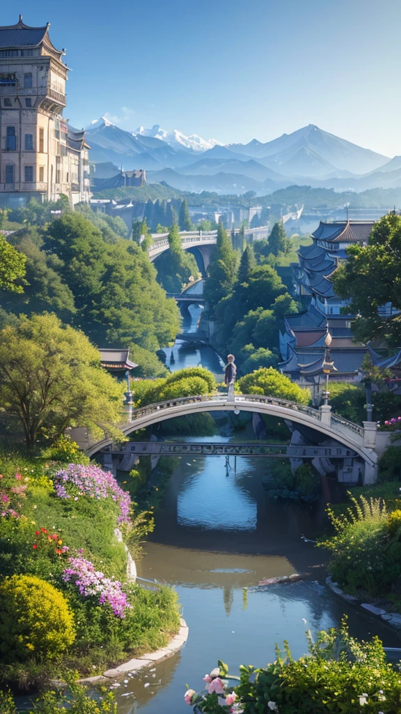 Ultra detail, realistic, masterpiece, high resolution, Soft morning light. Focus the party garden on the bridge. Bridge china. the garden is inside the bridge. The flower garden is on the bridge. there is a view of the cyberpunk building and the cold mountains in the distance. Peacefull