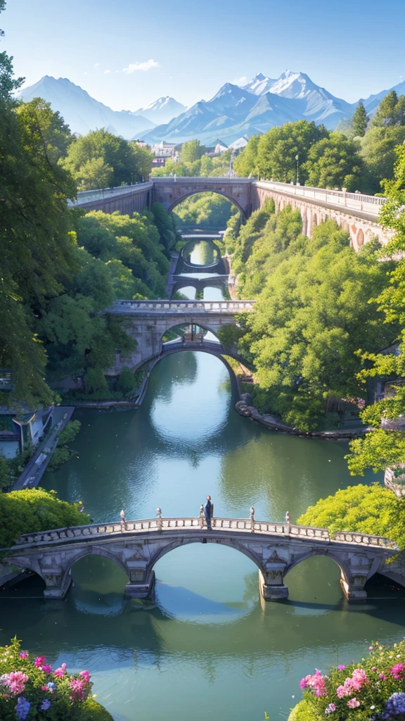 Ultra detail, realistic, masterpiece, high resolution, Soft morning light. Focus the party garden on the bridge. Bridge china. the garden is inside the bridge. The flower garden is on the bridge. there is a view of the cyberpunk building and the cold mountains in the distance. Peacefull