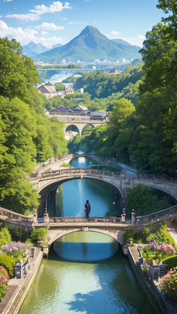 Ultra detail, realistic, masterpiece, high resolution, Soft morning light. Focus the party garden on the bridge. Bridge china. the garden is inside the bridge. The flower garden is on the bridge. there is a view of the cyberpunk building and the cold mountains in the distance. Peacefull