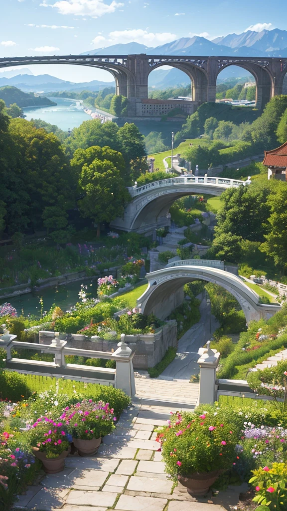 Ultra detail, realistic, masterpiece, high resolution, Soft morning light. Focus the party garden on the bridge. Bridge china. the garden is inside the bridge. The flower garden is on the bridge. there is a view of the cyberpunk building and the cold mountains in the distance. Peacefull