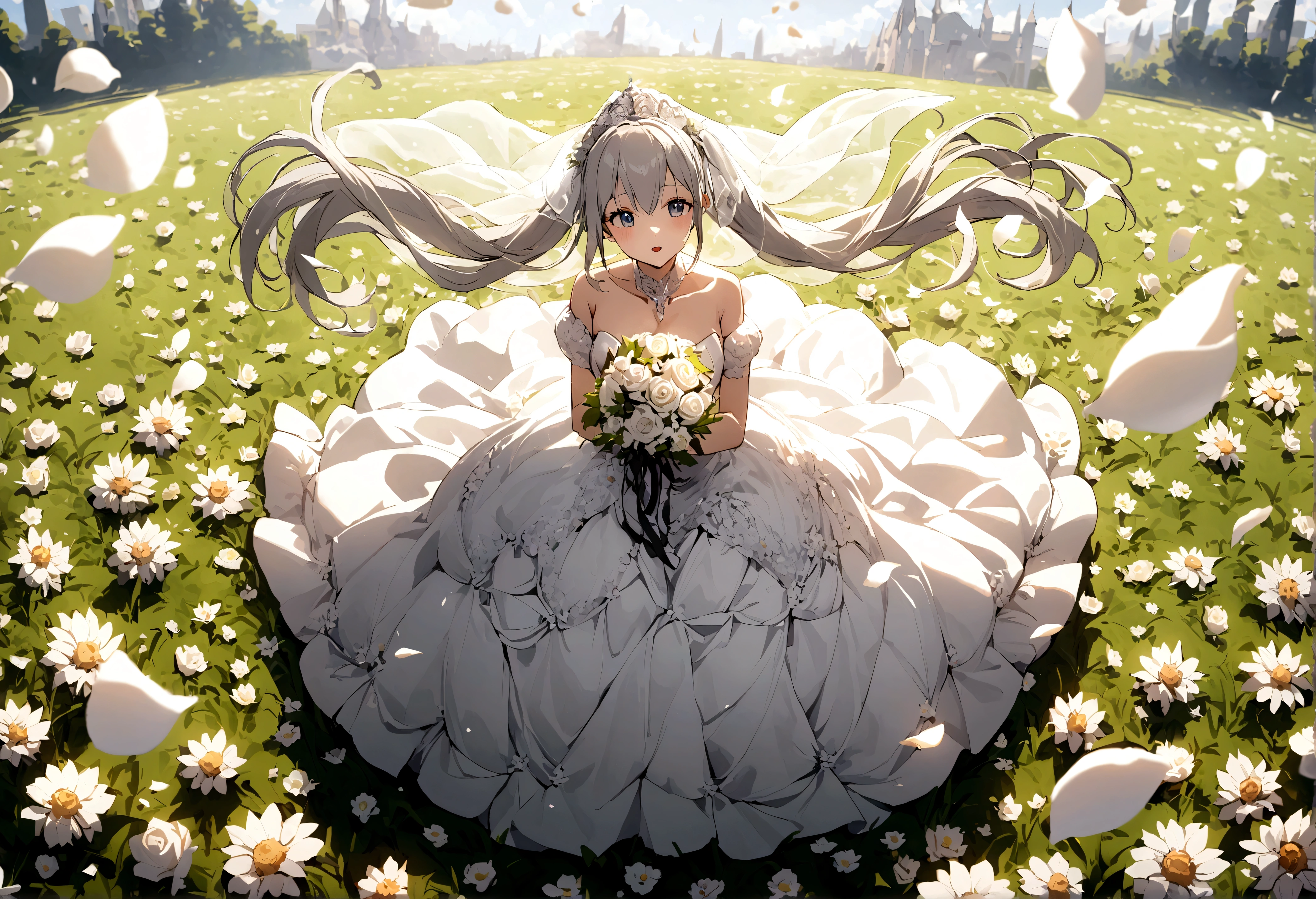 1 girl,KasuganoSora, Sora,white pantyhose,wedding dress,white gray hair,long double ponytail,bridal bouquet,wedding veil,Flower Field